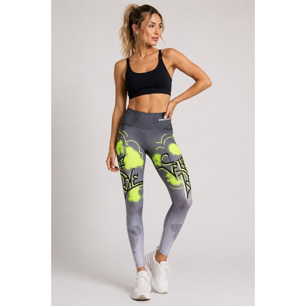 Bombsheller Graffiti Print Leggings XS Neon Lime Gray Yoga Festival Activewear